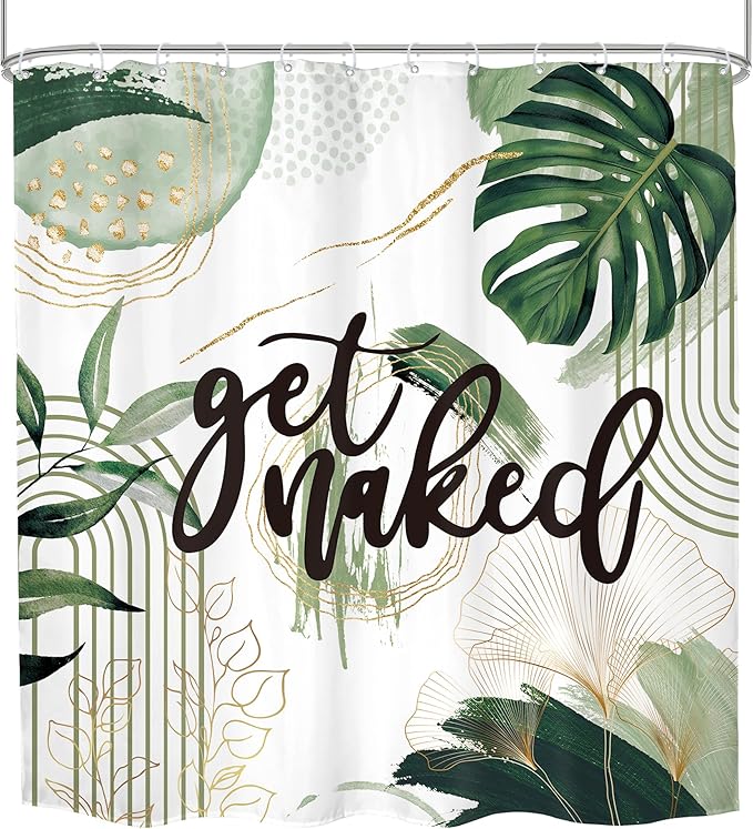 Green Boho Shower Curtain 72Wx72H Sage Green Golden Get Naked Abstract Minimalist Aesthetic Bohemian Bathroom Decor Modern Contemporary Plant Neutral Bath Curtain Fabric Polyester 12 Pack Hooks