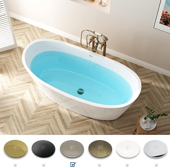 FerdY Naha Elite 59" Acrylic Freestanding Bathtub, Curve Edge Freestanding Soaking Bathtub, Glossy White, cUPC Certified, Brushed Nickel Drain & Minimalist Linear Design Overflow Included, 02588
