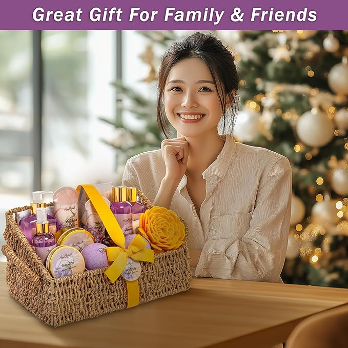 Bath Spa Gift Sets - Luxury Basket With Honey & Lavender - Spa Kit Includes Wash, Bubble Bath, Lotion, Bath Salts, Body Scrub, Body Spray, Shower Puff, Bathbombs, Soap and Towel
