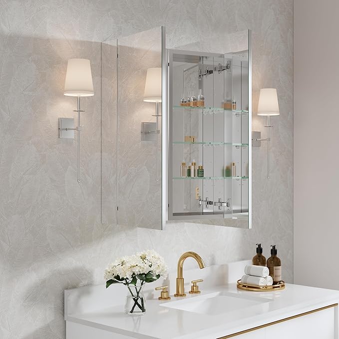WELLFOR 32" x 30" Rectangle Medicine Cabinet Mirror, Surface Mount or Recessed Medicine Cabinet with Tempered Mirror, Anodized Chrome Aluminum Frame, Bathroom Mirror with Storage