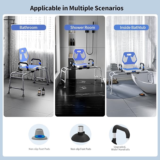 Sliding Shower Chair Swivel Tub Transfer Bench with Backrest with Non Slip Suction Cups 400lbs Weight Capacity Adjustable Height Shower Seat for Elderly Disabled Bathing Inside Shower