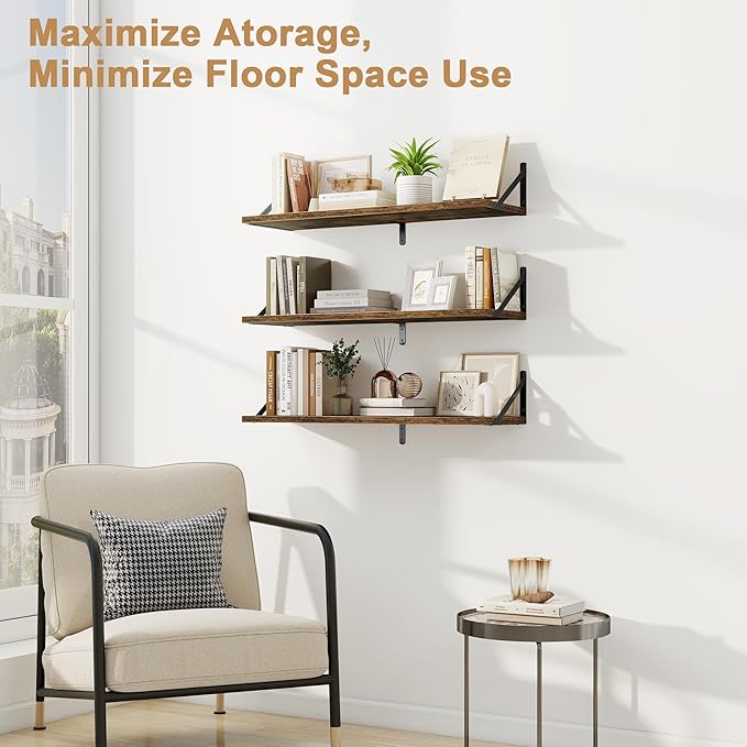 Fun Memories Floating Shelves, 32 x 8 Inches, Set of 3 Wall-Mounted Bookshelves with Metal Brackets, Decorative Storage for Home and Office (Rustic Brown)