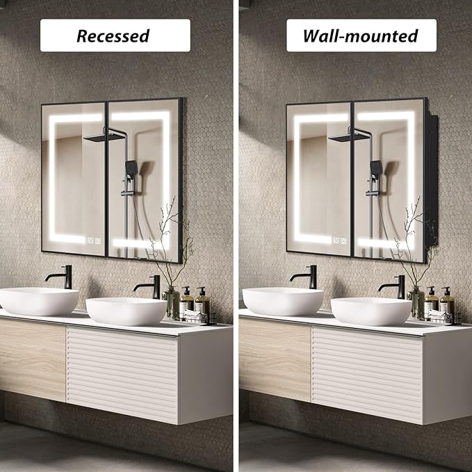 APRILSOUL 40X32 Inch Black Bathroom Medicine Cabinet with Mirror, Recessed or Surface Lighted Medicine Cabinet with 3 Colors Temperature, Dimmable Light