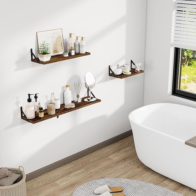 Dreamland Deep Floating Shelves for Wall, 16W x 8D Wall Mounted Shelves Set of 2, Floating Shelves Bedroom with Sturdy Metal Brackets for Living Room, Bathroom and Kitchen, Brown