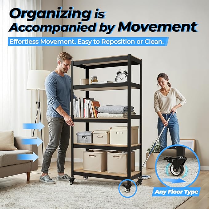 HOMEDANT House 24.4" 5-Tier Metal Rolling Cart Shelf Rack Casters Heavy Duty Laminated Wheel Shelving Unit Adjustable Utility Storage Shelves Shelf Kitchen Garage Black 1Pack