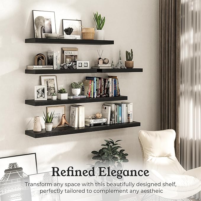 Floating Shelves for Wall, 7.9" Deep Wall Mounted Wood Shelves for Bathroom, Bedroom, Living Room, Kitchen, Hanging Shelf for Books/Storage/Room Decor (Black, 16")