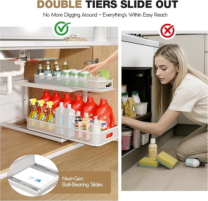 2-Pack 21.3 IN Depth Under Sink Organizer With Next-Gen Ball-Bearing Slides,Sophisticated Mesh 2-Tier Pull Out Shelf for Kitchen & Bathroom,Fits Small Items-Gun Gray