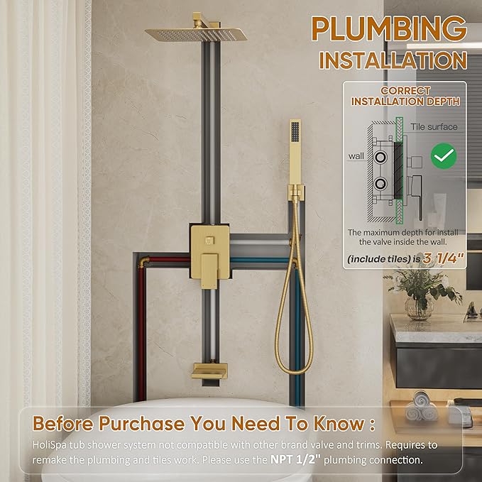 Gold Tub Shower System, All Metal Tub Shower Faucet Set with 12" Rain Shower Head and Handheld Spray combo, Wall Mounted Shower Systems with Tub Spout, Valve and Trim Kit, Brushed Gold