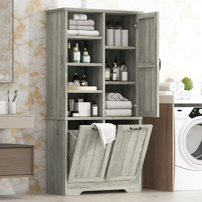 Favfurish 68" Tall Bathroom Storage Cabinet with Door and 2 Tilt-Out Laundry Hampers,Modern Linen Cabinets w/Open Shelf & Adjustable Shelves,Freestanding Organizer for Laundry Room,Kitchen,Oak