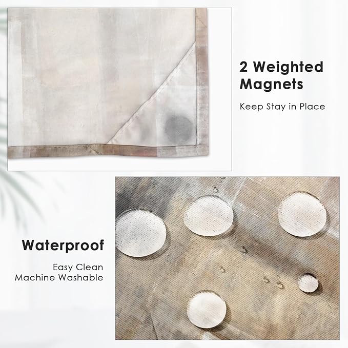 No Hook Grey Brown Painting Shower Curtain with Snap in Fabric Liner Set, Beige Abstract Double Layers Waterproof Fabric with See Through Top Window Open Grommet Bath Curtain 71x74 Inch