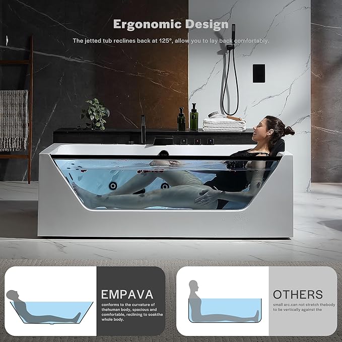 Empava Acrylic Whirlpool Bathtub, 71-Inch Jetted Bathtub with Heater, 10 Jets Hydromassage with Chromatherapy, 3-Side Apron with LED Control Panel, Waterfall, Black Hardware and Nozzles