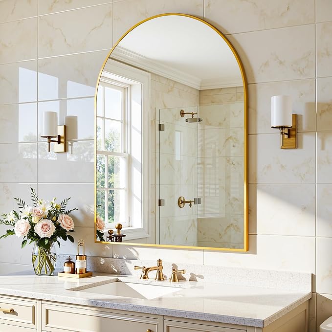 Arched Mirror 24"x36", Bathroom Mirror, Wall Mounted Vanity Mirror with Arch Metal Frame for Bathroom, Over Sink, Bedroom, Living Room, Flat Frame, Gold