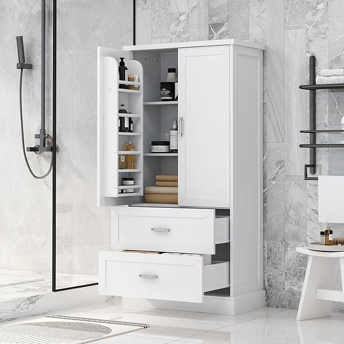 Merax 64" H Storage Cabinet with Drawers and Door Racks, Tall Freestanding Bookshelf Pantry Space Saver for Bathroom or Kitchen, Adjustable Shelf, White