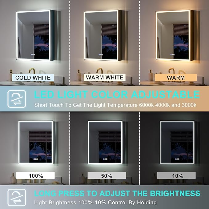 WELLFOR 24" X 30" LED Mirrored Medicine Cabinet, Medicine Cabinets with Lights for Bathroom, Defogging Mirror, Led Medicine Cabinet, Recessed or Surface Mounted, Single Right Opening Door