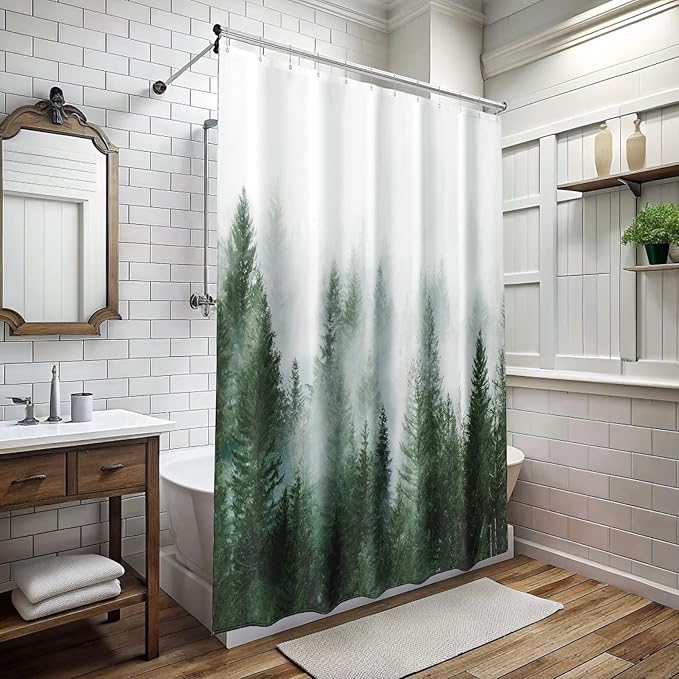 ORTIGIA 78 Inch Green Misty Forest Shower Curtain for Bathroom, Nature Woodland Shower Curtain Set with Hooks, Decorative Pine Tree Fog Magic Bath Curtain, Waterproof Fabric, Weighted, 72x78