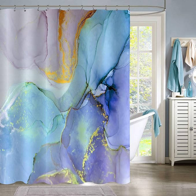 Gibelle Colorful Marble Shower Curtain, Abstract Blue Purple Jade Texture Gold Stripes Ombre Modern Ink Art Decor Waterproof Fabric Curtain for Bathroom Set, 72 x 72
