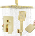Shower System 12IN Modern Rain Brass Faucet Set With Valve and Diverter Shower Mixer With Handheld High Pressure Square Rainfall Shower Valve (12'' Ceiling Mount, Brushed Gold)