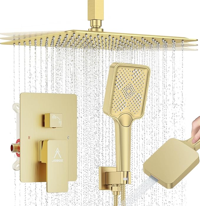Shower System 12IN Modern Rain Brass Faucet Set With Valve and Diverter Shower Mixer With Handheld High Pressure Square Rainfall Shower Valve (12'' Ceiling Mount, Brushed Gold)