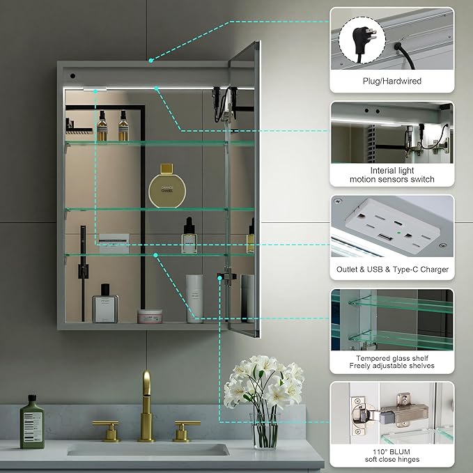 WELLFOR 20" X 30" LED Medicine Cabinet with Mirror, Single Right Opening Door, Recessed or Surface Cabinet Mirror, Bathroom Mirror Cabinet, Medicine Cabinet with Lights with Outlets & USB Ports