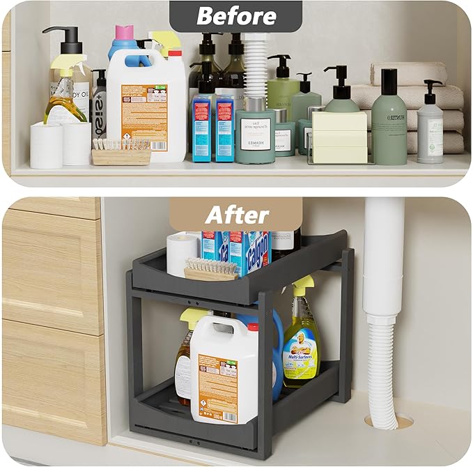 Bamboo Under Sink Organizer Adjustable Height 2 Tier Bathroom Organizer Pull Out Cabinet Storage Kitchen Heave Duty Wood Slide Ou Shelf for Kitchen Bathroom (Black, 1 Pack)