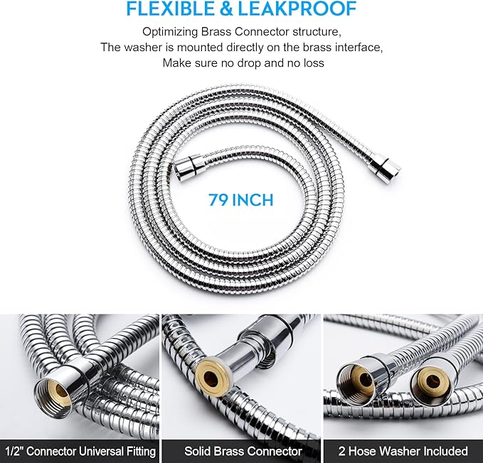 Shower Hose, 79 Inches Extra Long Stainless Steel Handheld Shower Head Hose with Brass Insert and Nut - Durable and Flexible(Chrome)