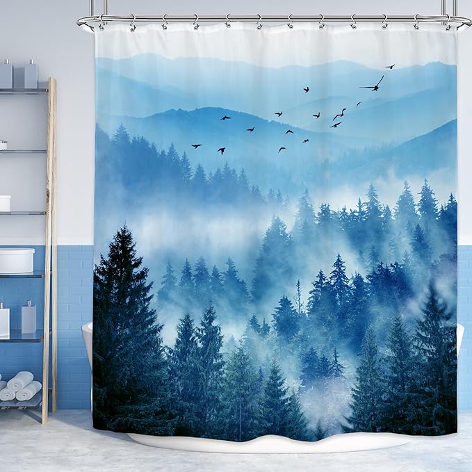 Riyidecor Extra Long Blue Shower Curtain 72Wx78H Inch Foggy Misty Nature Mountain Scene Navy Park View Pine Tree Alpine Natural Botanical Bathroom Decor Fabric Polyester Waterproof 12 Pack Hooks