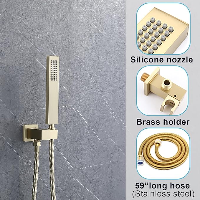 Digital Display Dual Head Shower system Rain Shower System Shower Wall Mount 10 Inch Ceiling Shower Head with 6 Inch Shower Head with shower handheld(Brushed Gold)