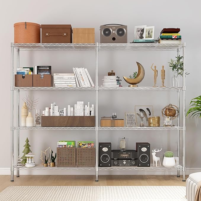 4 Tier Storage Racks Shelving, Heavy Steel Pantry Shelves, Adjustable Wire Shelving Rack, Suitable for Garage, Kitchens, Offices, 57.9" W x 13.8" D x 59" H, Chrome