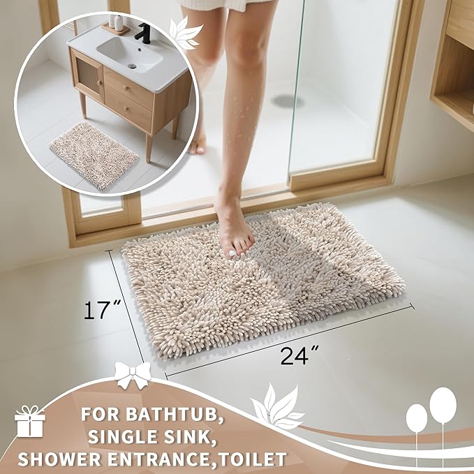Yimobra Chenille Bathroom Rugs Non Slip, Extra Thick Soft Absorbent Bath Rug, Machine Washable Quick Dry Bath Mat for Bathroom Floor, Tub and Shower, Home Decor Accessories, 24x17, Khaki