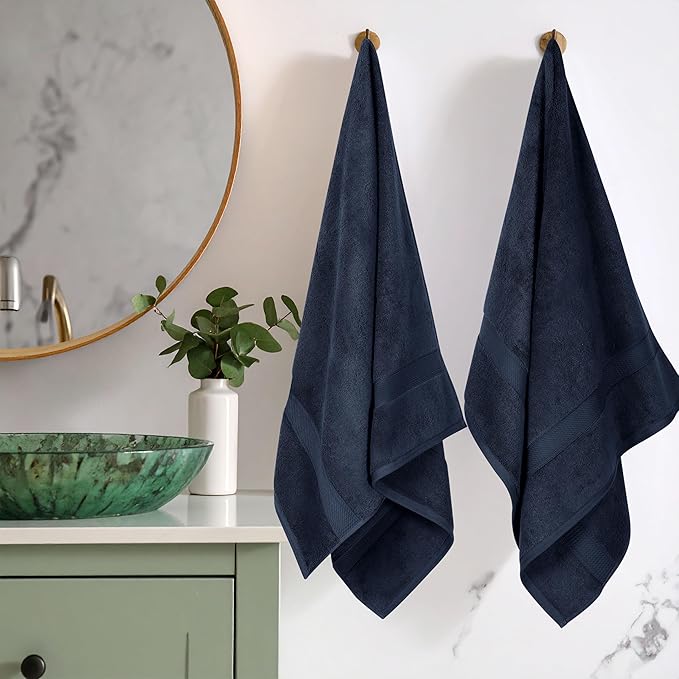 Superior Egyptian Cotton Pile Bath Towel Set of 2, Ultra Soft Luxury Towels, Thick Plush Essentials, Absorbent Heavyweight, Guest Bath, Hotel, Spa, Home Bathroom, Shower Basics, Navy Blue