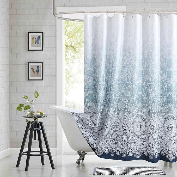 90 Inch Extra Long Shower Curtain - Chantilly Lace Design, Heavyweight Polyester, Storm Blue to White Ombre, 72" W x 90" H