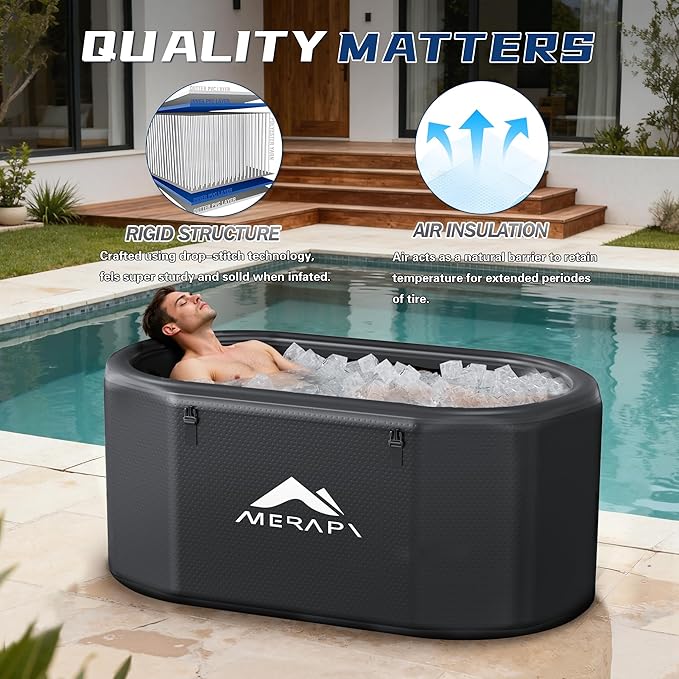 Merapi XL 170 Gal Cold Plunge Tub with Seat Cushion, 57in Large Inflatable Ice Bath Tub for Athletes Recovery, Portable Ice Bath Tub Compatible with Water Chiller, w/Dust Cover, Pump & Storage Bag