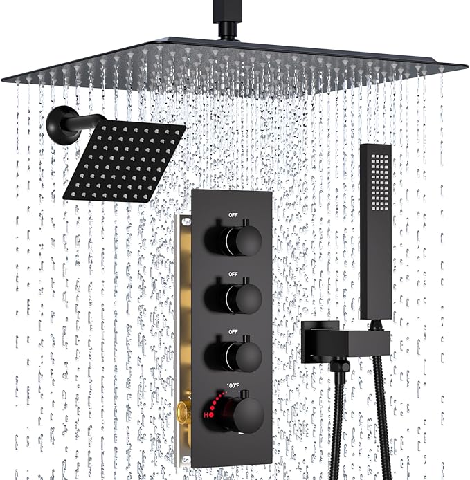 Enga Thermostatic Dual Rain Shower System (Eco-Performance), Shower Faucet Set with 16"+6" Rain Shower Heads & Handheld, All Functions Simultaneous, Adjustable Volume, Matte Black