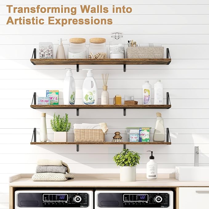 Fun Memories Extra Long Floating Wall Shelves, 48 x 8 Inches, Set of 3 Large Wood Floating Bookshelves with Metal Brackets for Storage & Display (Rustic Brown)