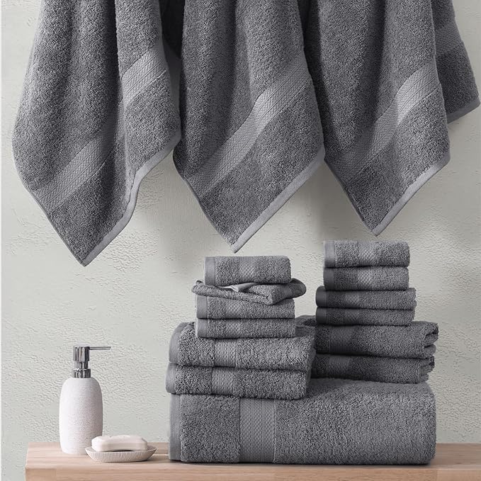 LANE LINEN 100% Cotton Bath Towels Set - 24 PCs - Durable, Quick Dry, Super Soft & Highly Absorbent - 4 Bath, 4 Fingertip, 6 Hand Towels, 8 Washcloths, 2 Bath Sheets - Perfect Family Set - Cool Grey