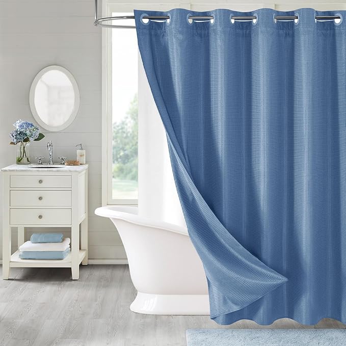 MitoVilla Blue Long Shower Curtain Liner Set 72 x 80, No Hooks Needed 80 inch Long Heavyweight Waffle Fabric Shower Curtain Set with Snap-in Liner for Hotel Grade Spa-Like Bathroom Decor