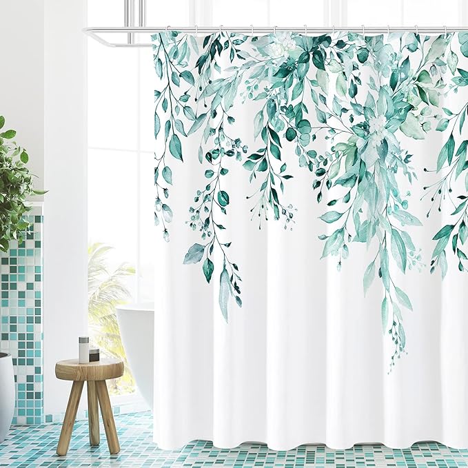 Gibelle Long Shower Curtain 72 x 78, Teal Floral Shower Curtain for Bathroom, Watercolor Plant Eucalyptus Leaves Fabric Shower Curtain Set
