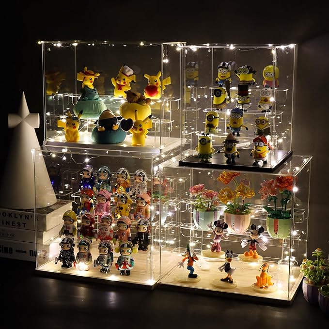 Choowin 5 Tier Clear Acrylic Display Case for Collectibles, Mini Figures, Pop Mart, Labubu, Sonny Angel, Smiski - Assemble Dustproof Acrylic Display Box with Door, Stand (Wood Base, Clear Step)