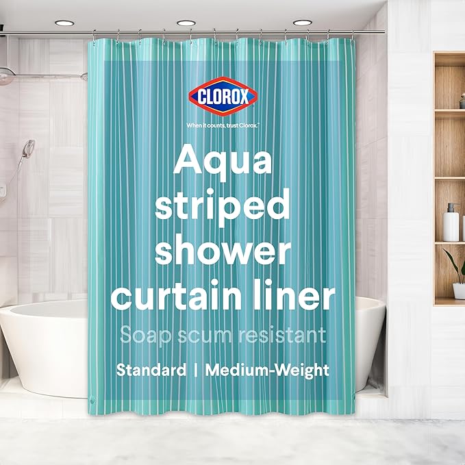 CLOROX Shower Curtain Liner, Premium Striped Medium-Weight Durable Waterproof 6g PEVA for Bathroom with Weighted Magnets, Printed Standard Size 72" x 72", Aqua