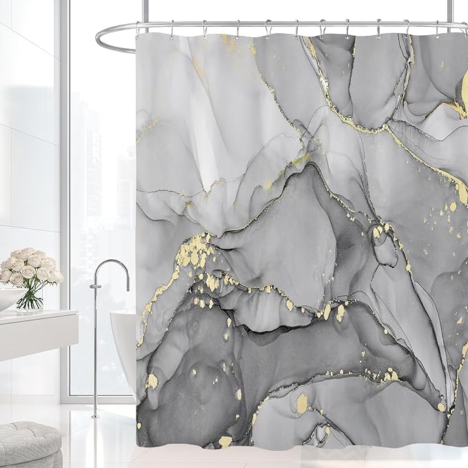 Grey Marble Shower Curtain, Modern Abstract Fabric Shower Curtains for Bathroom, Luxury Art Ink Texture Watercolor Shower Curtain Set with Hooks 72x72