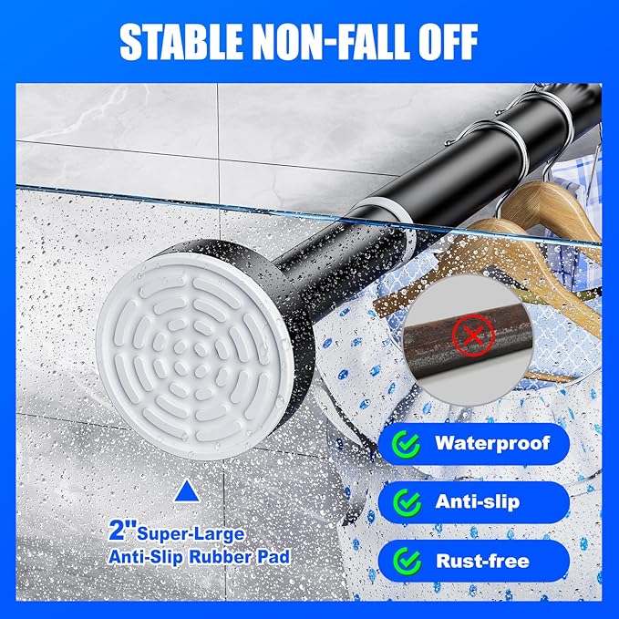 Ausemku Shower Curtain Rod - 32-68 Inch Rustproof Tension Rod, Non-Slip Spring Design, No Drilling Adjustable Curtain Rod for Bathroom, Kitchen, and Closet（Black）
