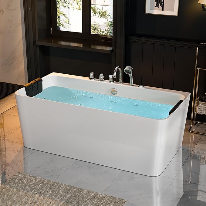 Empava 67 inch Whirlpool Bathtub, Acrylic Freestanding Tub Hydromassage Gracefully Rectangle Shaped Whirlpool 8 Water Jets Soaking SPA, Double-Ended Massage Bathtub with Black Pillows, White