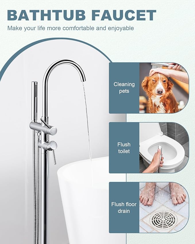 Freestanding Tub Filler Faucet Chrome: High Flow Brass Floor Mount Bathtub Filler, Swivel Gooseneck Spout with Single Handheld Sprayer for Bathroom Shower