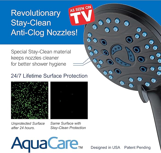 Hotel Spa AquaCare High Pressure 8-mode Handheld Shower Head, Anti-clog Nozzles - Built-in Power Wash to Clean Tub, Tile & Pets, Extra Long 6 ft. Stainless Steel Hose, Wall & Overhead Brackets