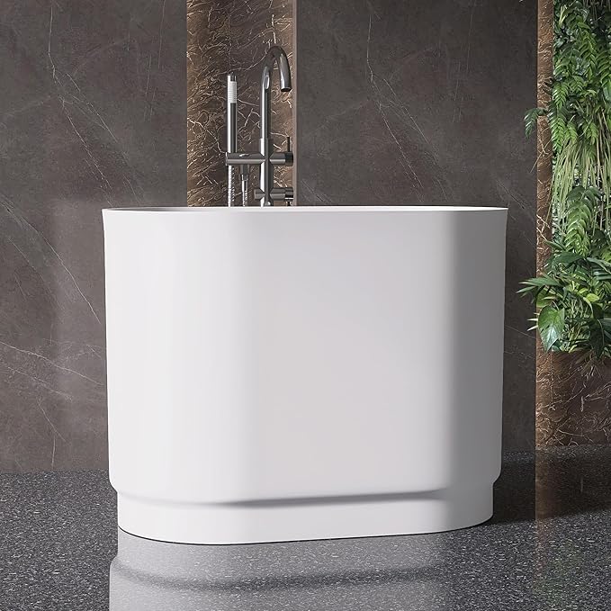 39" Stone Resin Janpanese Soaking Tub, Freestanding Deep Soaking Bathtub with Seat Desgin,Toe-tap Chrome Right Drain, Slotted Overflow, cUPC Certified, in Matte White