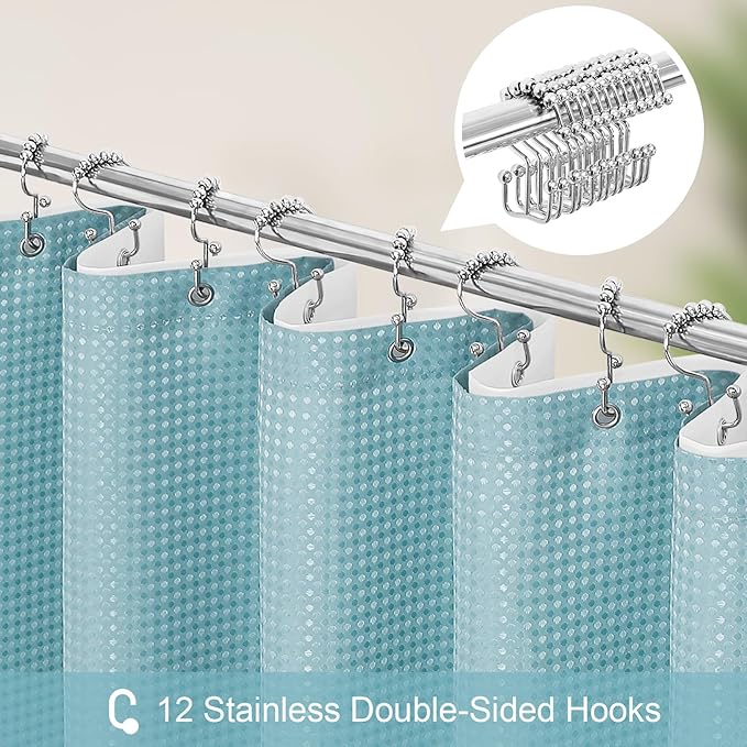 3 in 1 Extra Long Shower Curtain Set-72 W x 84 H, Teal Blue Waffle and PEVA Liner Set with 12 Stainless Steel Hooks, Waterproof Fabric for Bathroom