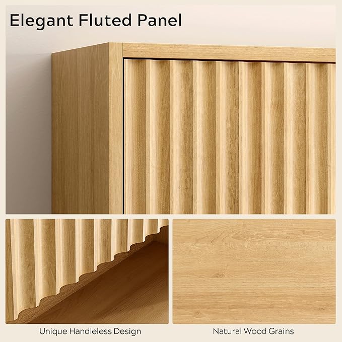 Fluted Wall Cabinet Set of 2, Wooden Bathroom Medicine Cabinet Storage with 2 Doors, Adjustable Shelf and Towels Bar, Modern Wall Mount Large Floating Cabinet for Kitchen Natural Oak