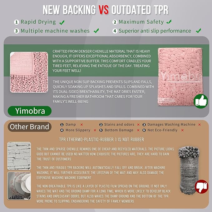 Yimobra Bathroom Rugs Non Slip Washable - Ultra Soft Absorbent Chenille Bath Mat, Quick Dry Shaggy Floor Carpet for Tub Shower, Light Pink Home Decor Accessories, 24x17 Inch