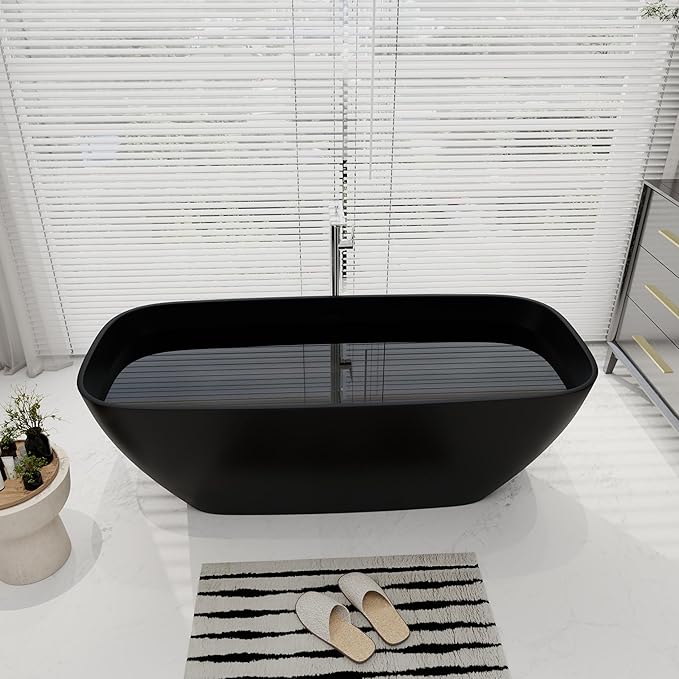 SJ STAR&JANE 67" Solid Surface Freestanding Bathtub Oval Stone Resin Soaking Tub Modern Stand Alone Tub with Overflow & Pop-up Drain, Matte Black for Bathrooms