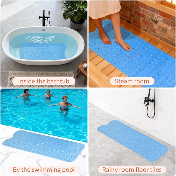 Anti-Slip Bathtub Shower mat, 39.3×15.7 inch（Approximately 100 × 40cm） Soft Oversized Machine Washable Non-Slip Bathtub mat with Drainage Holes, Bathroom Floor Suction Cup.（1-Clear Blue）